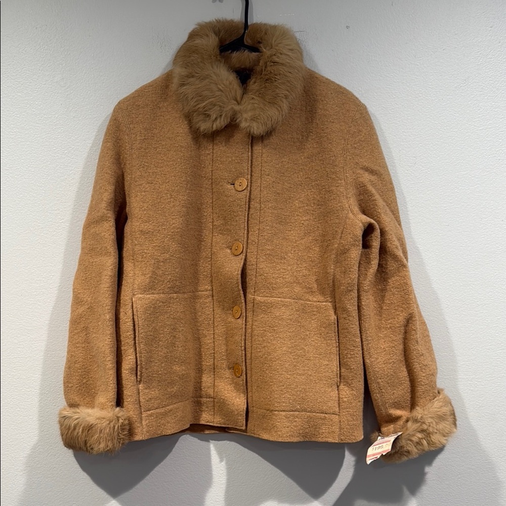 Hilary Radley Wool Tan Teddy Jacket with Plush Collar and Cuffs - Size 4